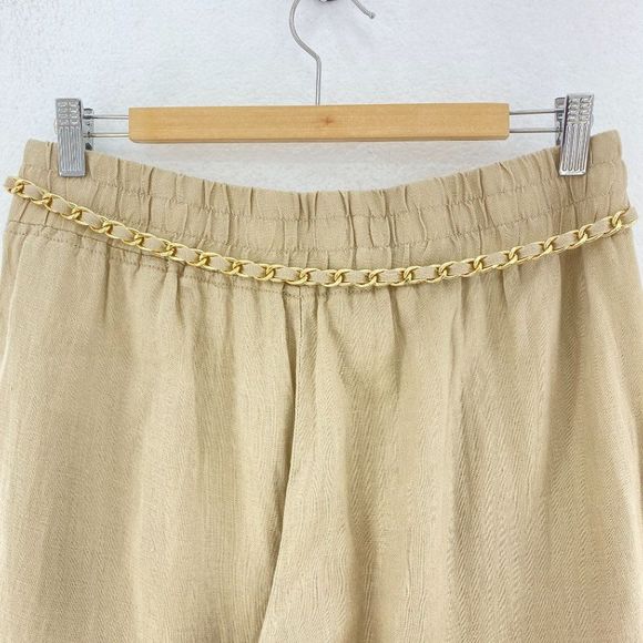 GUESS LOS ANGELES Sandy Beige Linen Wide Leg Pants Chain Belt - Picture 4 of 6